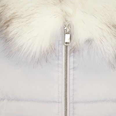 Girls silver puffer coat with faux fur trim